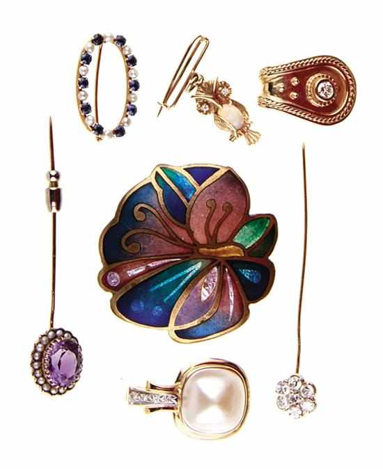 Appraisal: Collection of brooches pendants and stickpins champleve enameled flower brooch