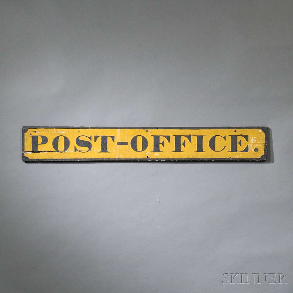 Appraisal: Yellow- and Black-painted and Carved Pine POST-OFFICE Sign America late