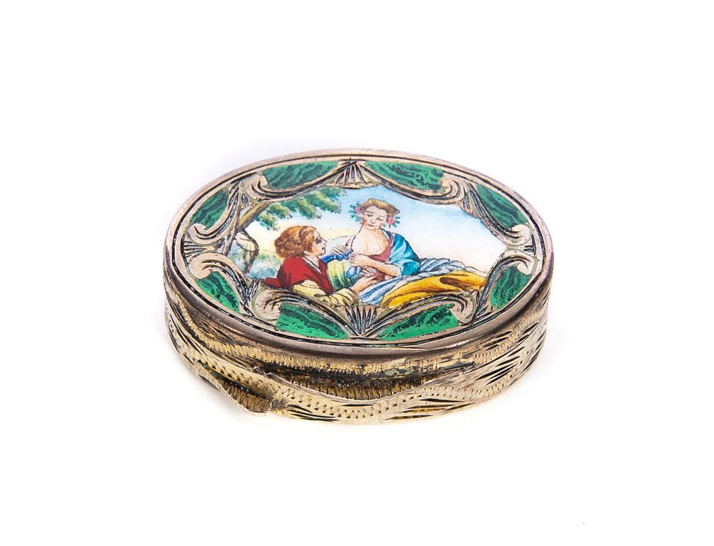 Appraisal: silver enameled pill box with courting scene silver enameled pill