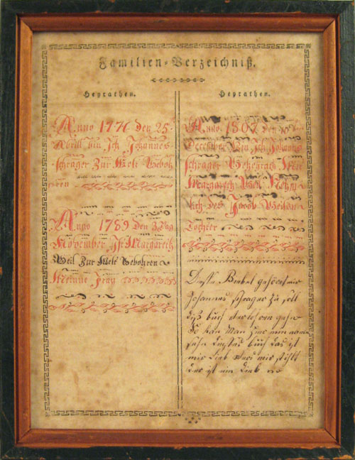 Appraisal: Pennsylvania printed and hand inscribed family record for the Schrager