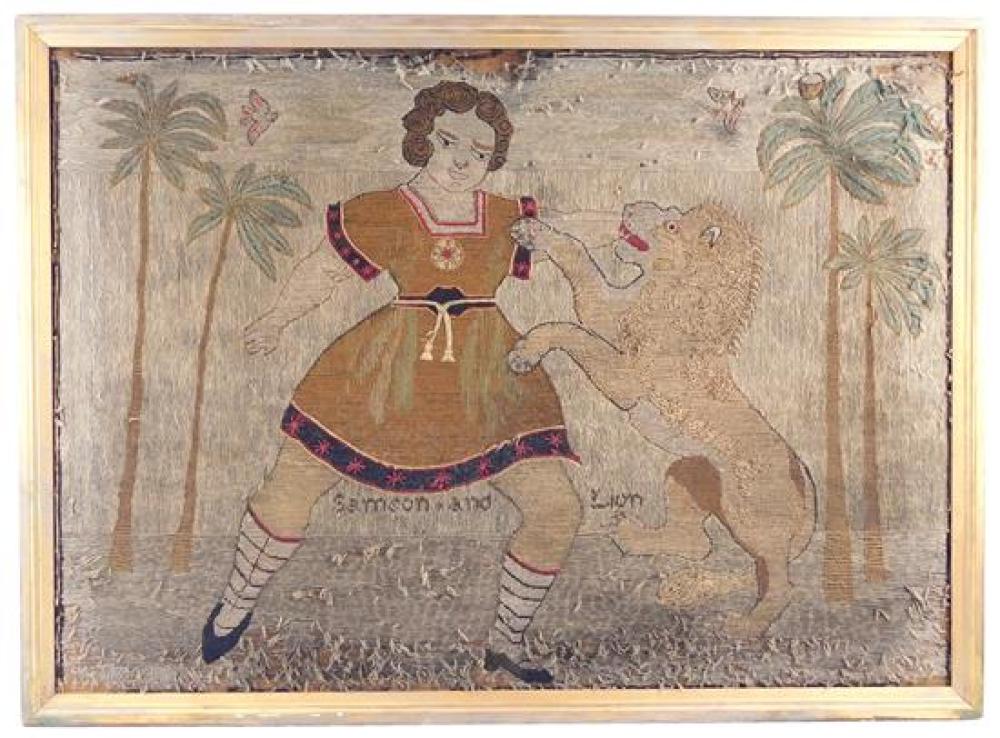 Appraisal: Early needlework framed tapestry depicting Samson and lion from Samson