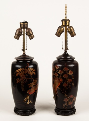 Appraisal: a Pair of Japanese enameled metal vase lamps bird and