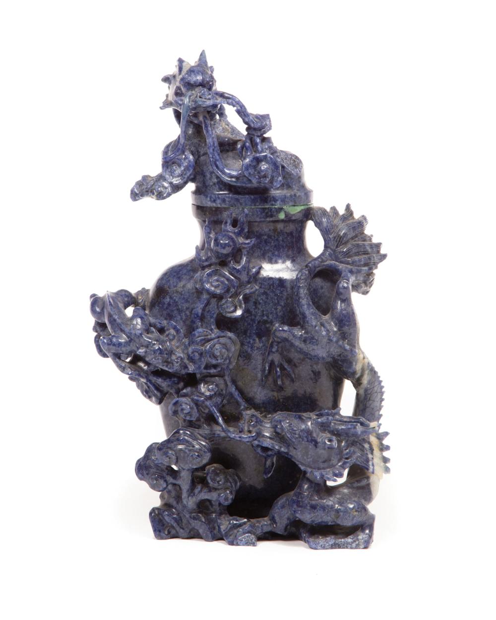 Appraisal: Chinese Sodalite Covered Vase carved with dragons amid ruyi clouds