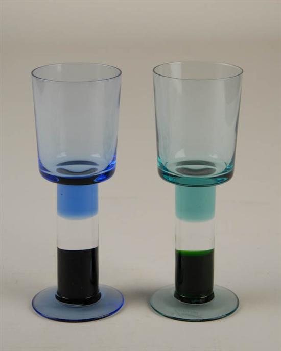 Appraisal: Two Nuutajarvi Glass Goblets one blue one green Etched signature