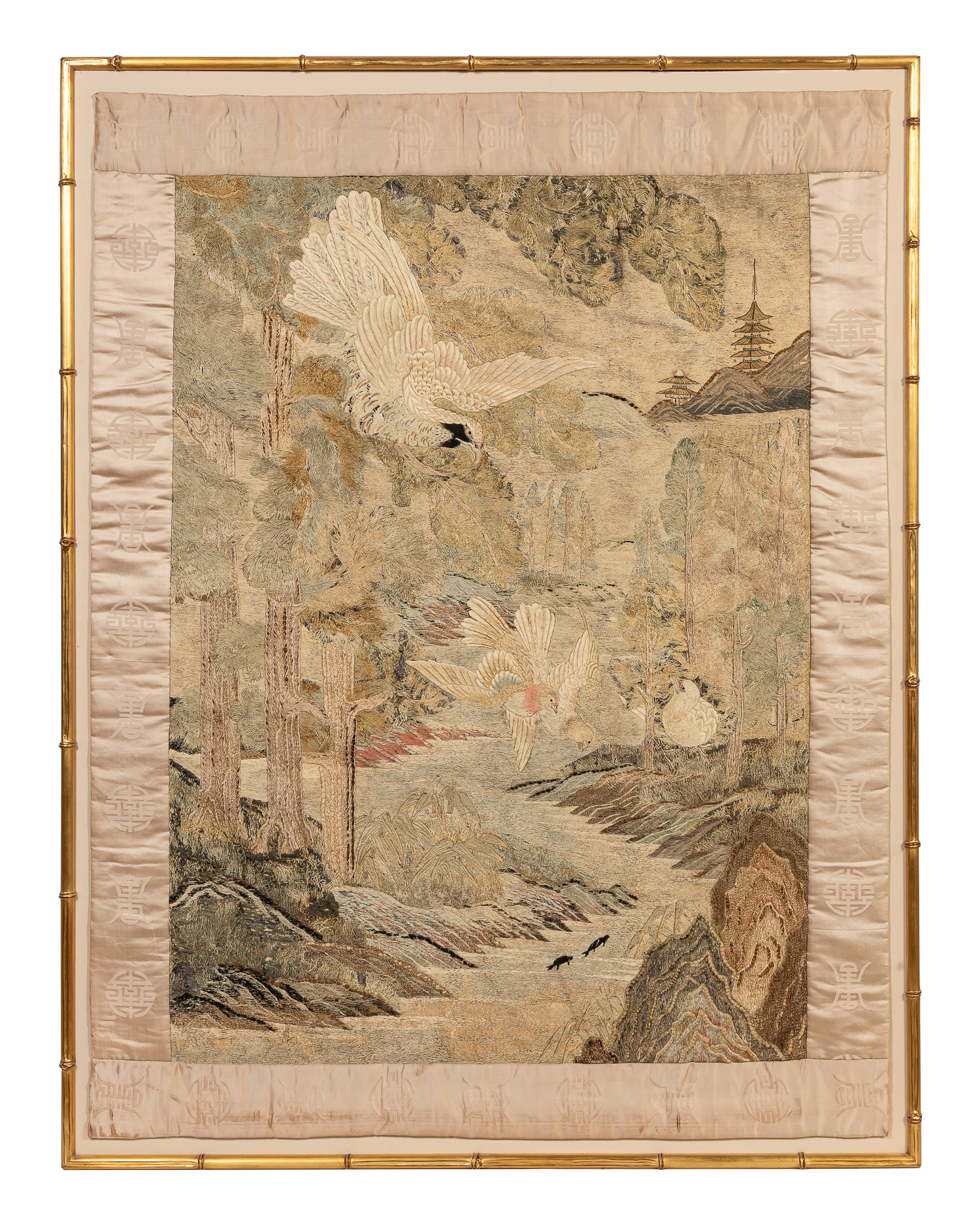 Appraisal: LARGE FRAMED JAPANESE SILK EMBROIDERY PANEL Large framed Japanese silk