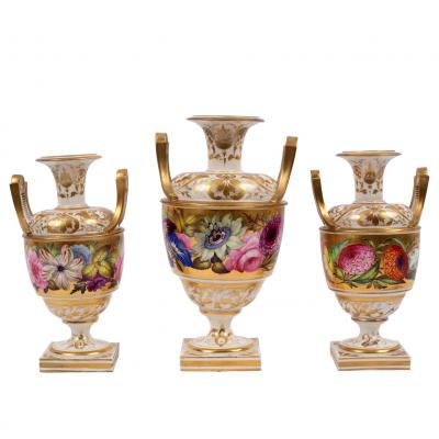 Appraisal: A garniture of three Derby two-handled vases circa painted a