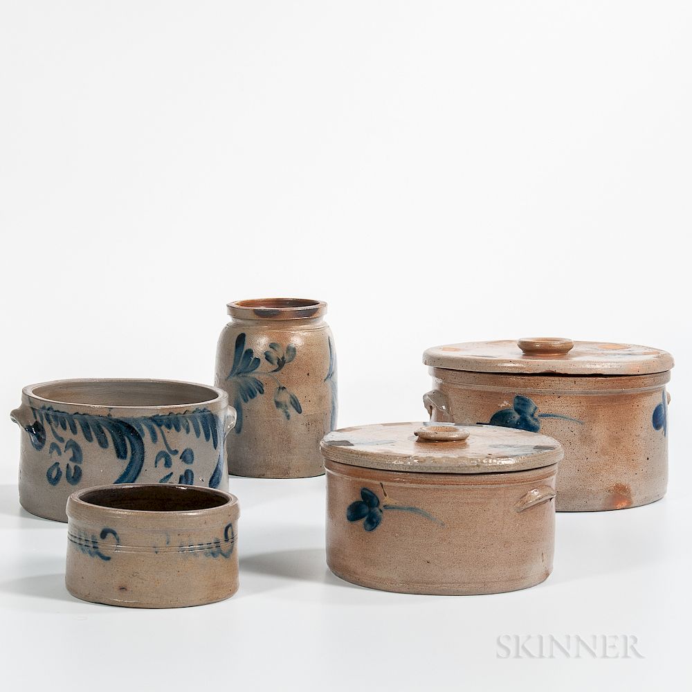 Appraisal: Four Cobalt Decorated Pennsylvania Stoneware Crocks and a Jar Four