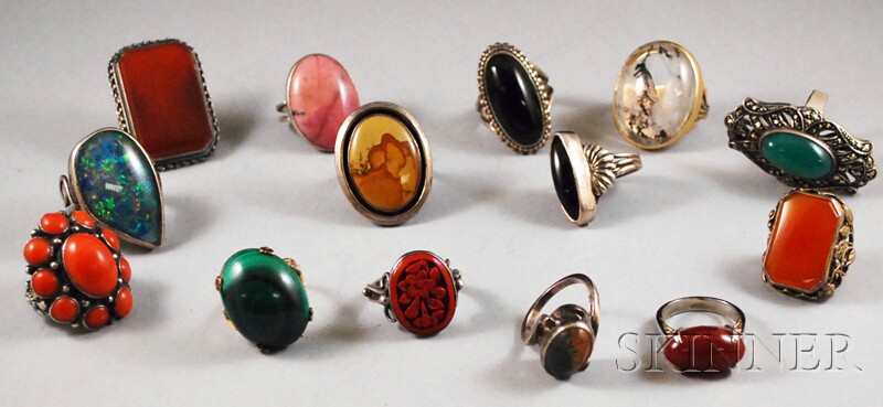 Appraisal: Group of Assorted Mostly Silver Rings including agate carnelian opal