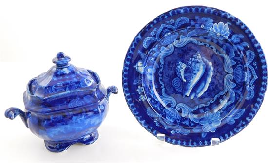 Appraisal: Two pieces of English deep blue transfer Staffordshire covered sugar