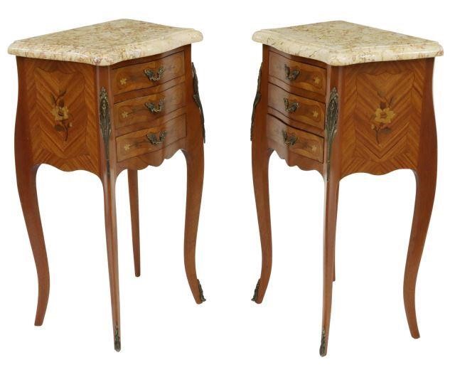 Appraisal: pair French Louis XV style marble-top mahogany nightstands early th