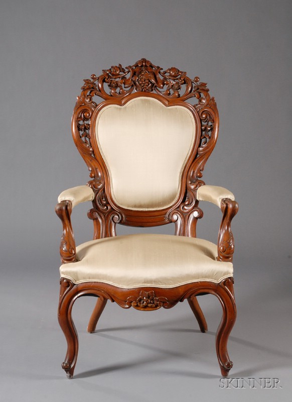 Appraisal: Rococo Revival Walnut Carved Upholstered Armchair attributed to Alexander Roux