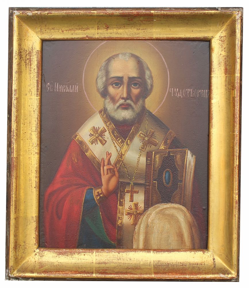 Appraisal: Exhibited th C Russian Icon St Nicholas Exhibited Antique Russian