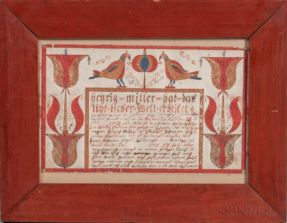 Appraisal: Watercolor Fraktur for Henry Miller Watercolor Fraktur for Henry Miller