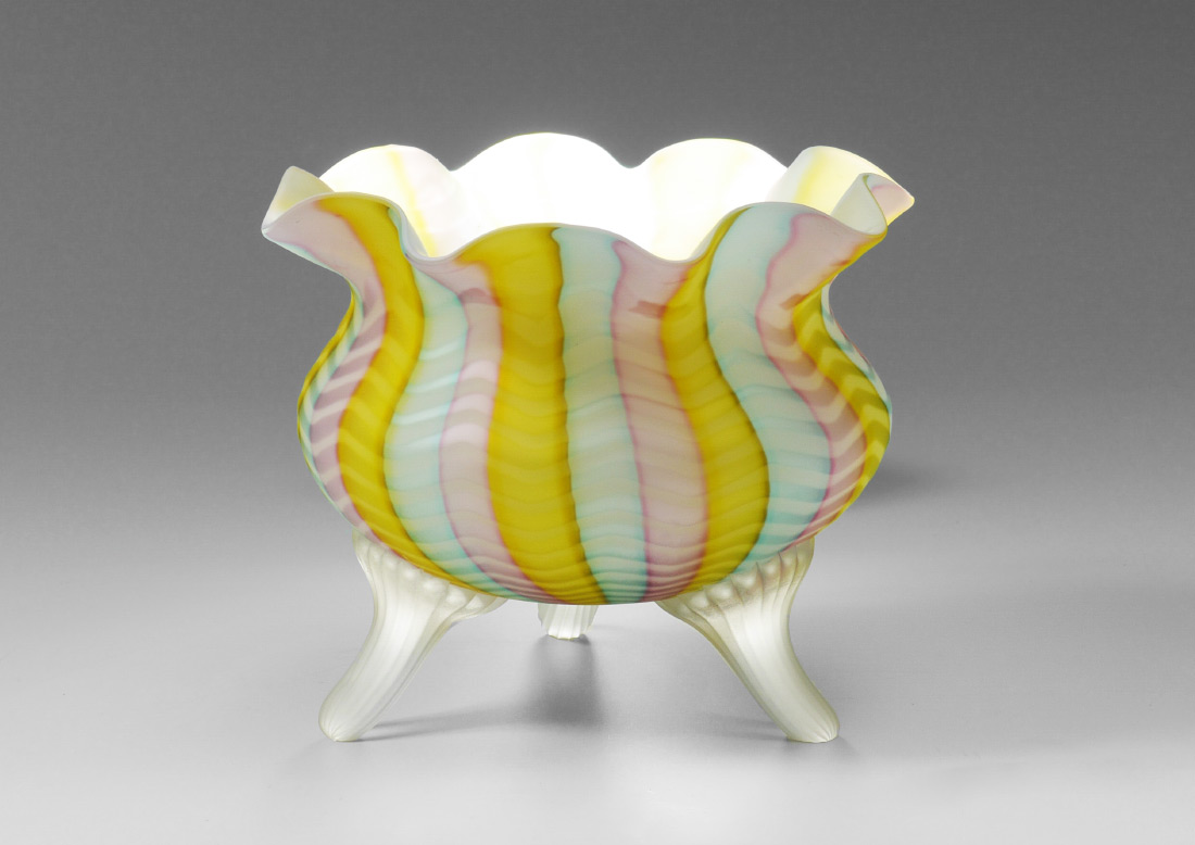 Appraisal: RAINBOW HERRINGBONE SATIN GLASS TRI FOOTED JARDINIERE Large bowl with