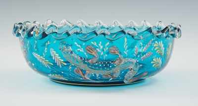 Appraisal: A Moser Blue Art Glass Bowl with Applied Salamander Apprx