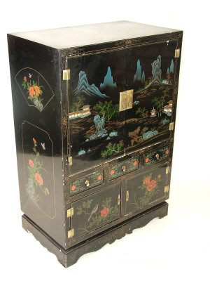 Appraisal: A black lacquered and polychrome painted chinoserie decorated cabinet th