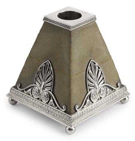 Appraisal: A Faberg silver-mounted sandstone match-holder and striker Workmaster Julius Rappoport