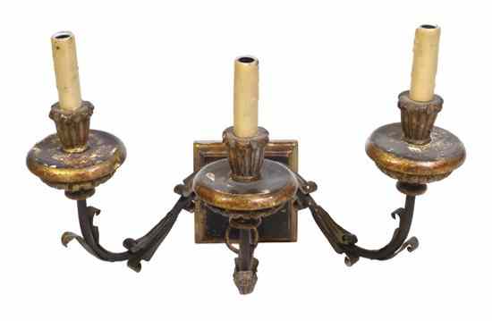 Appraisal: A Continental Parcel Giltwood and Iron Three-Light Sconce having a