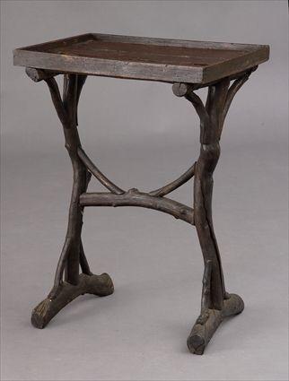 Appraisal: ADIRONDACK-STYLE SIDE TABLE The rectangular tray top with split timbers