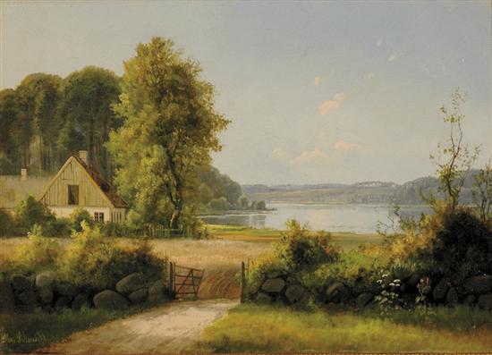 Appraisal: Alexander Schmidt Danish - COTTAGE BY THE LAKEoil on canvas