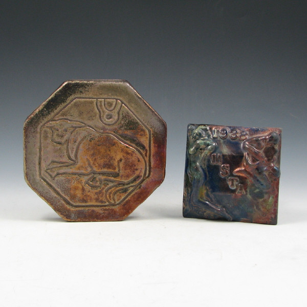 Appraisal: Iridescent octagon Pewabic tile with incised cow design marked with