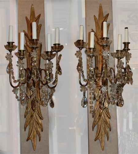 Appraisal: Pair of Gilt-Wood and Cut Glass Five-Light Sconces Estimate -