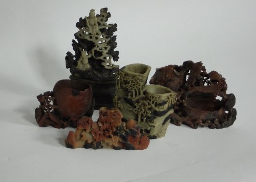 Appraisal: Five Chinese soapstone brush pots various sizes