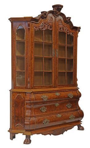 Appraisal: Dutch burlwood vitrine on chest th c carved crest over