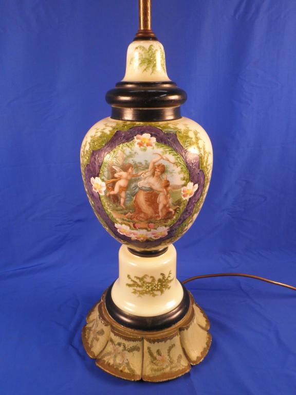 Appraisal: A late thC cream opaque glass lamp base decorated with