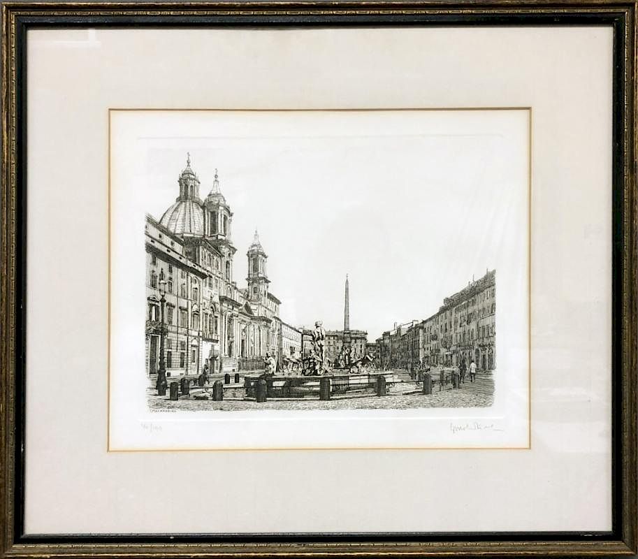 Appraisal: Malandrino Signed Etching of Piazza Navona Rome Guiseppe Malandrino Italy