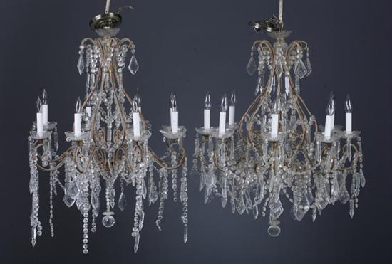 Appraisal: PAIR ITALIAN CRYSTAL EIGHT-LIGHT CHANDELIERS th century Scrolling open-cage form