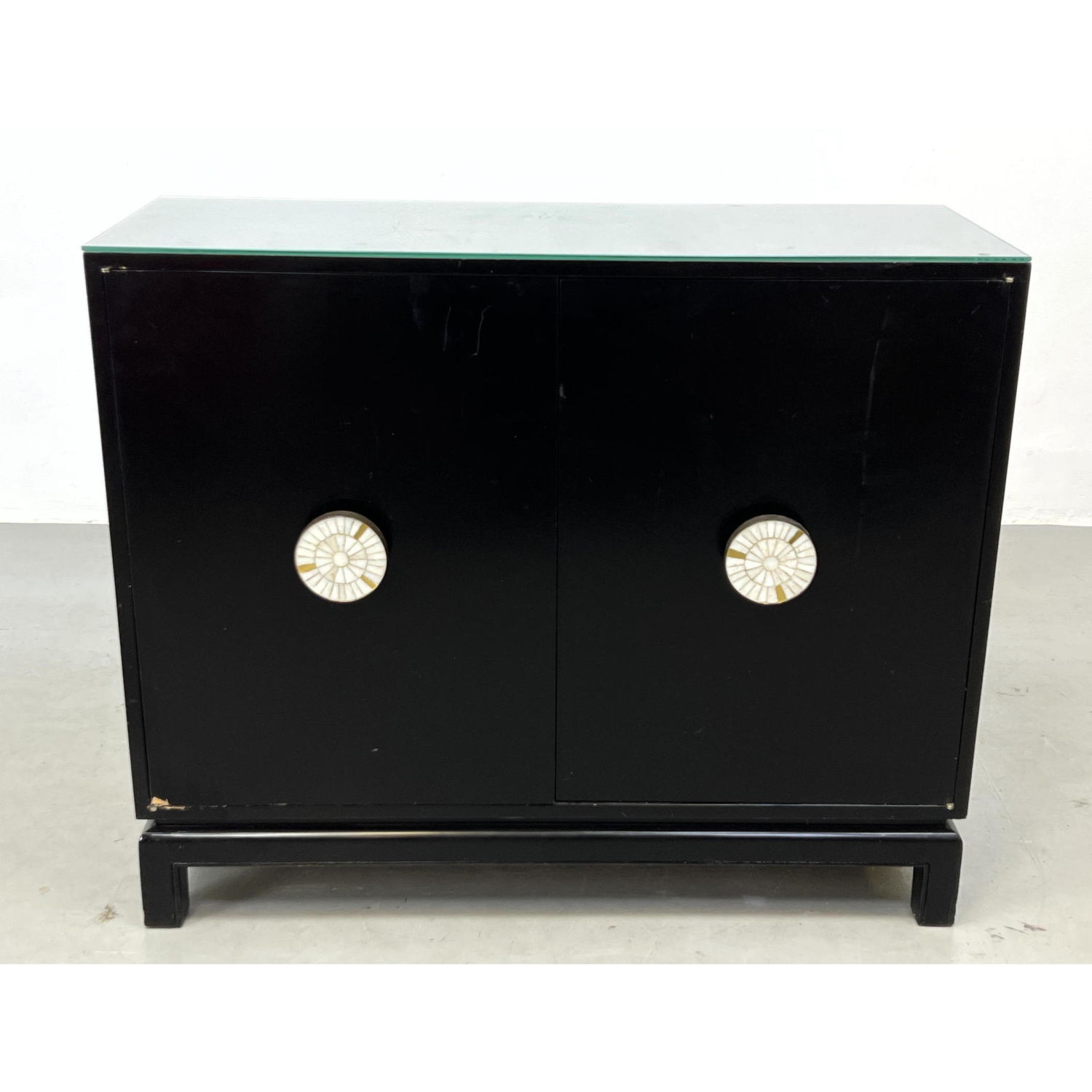 Appraisal: Black Lacquered Two Door Modernist Cabinet Dramatic Round Inlay Pulls