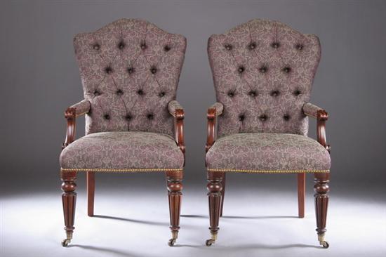 Appraisal: PAIR WILLIAM IV-STYLE UPHOLSTERED OPEN ARMCHAIRS Late th century Each