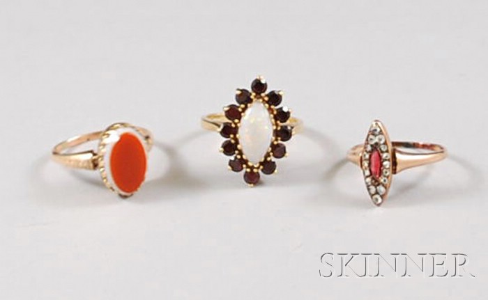 Appraisal: Three Antique Gold Gem-set Rings a carnelian ring an opal