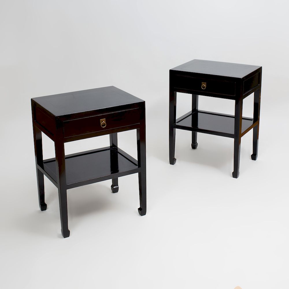 Appraisal: Pair Chinese Style of Black Lacquer End Tables of Recent