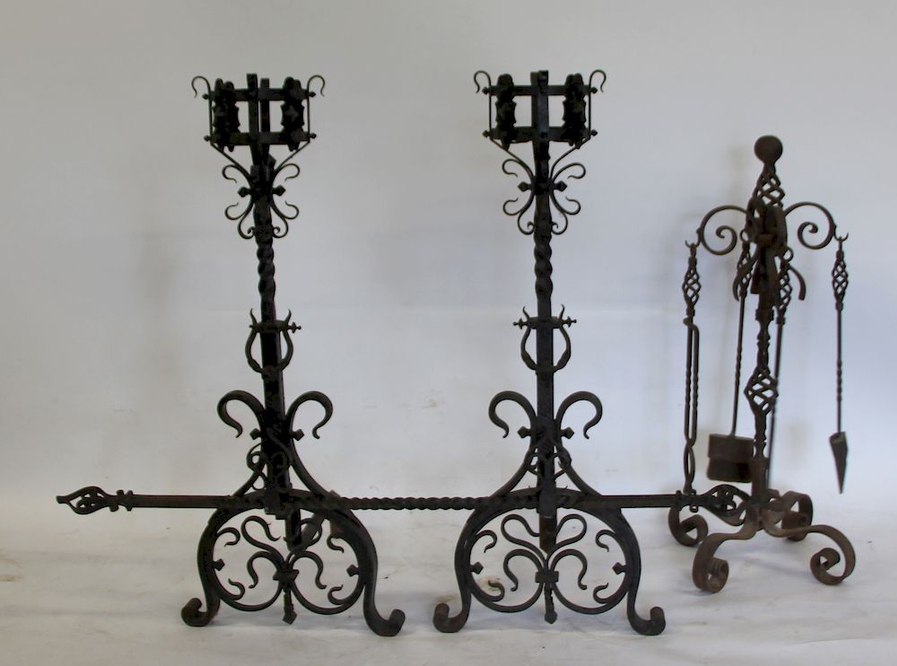 Appraisal: Mansion Size Pair Of Hand Wrought Antique Andirons And Tools