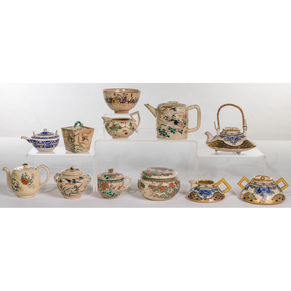 Appraisal: JAPANESE SATSUMA POTTERY ASSORTMENT items including teapots creamers ewers lidded