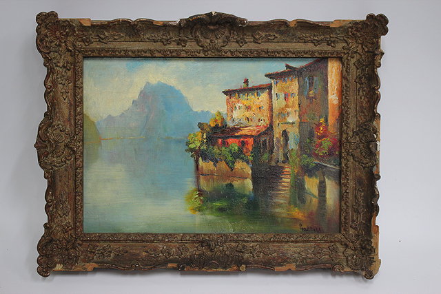 Appraisal: ITALIAN SCHOOLBuildings by the side of a lake with mountains