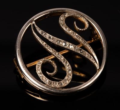 Appraisal: A white gold and diamond initial brooch set in a