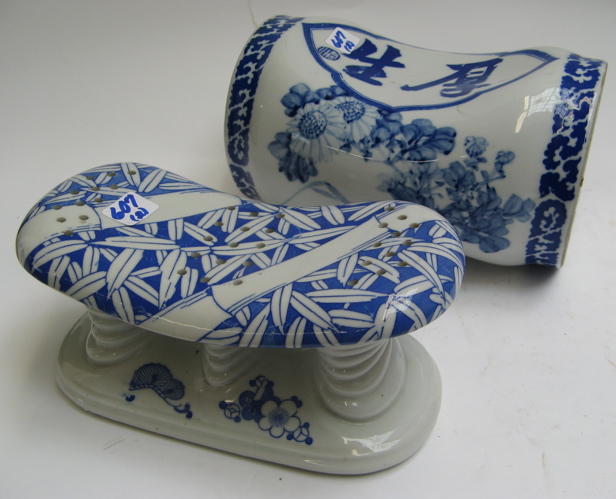 Appraisal: TWO CHINESE BLUE AND WHITE PILLOW HEAD RESTS One with