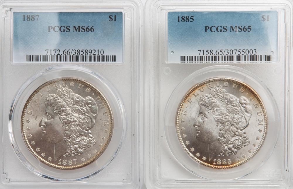 Appraisal: PCGS GRADED MORGANS MS MS Two Morgan silver dollars each