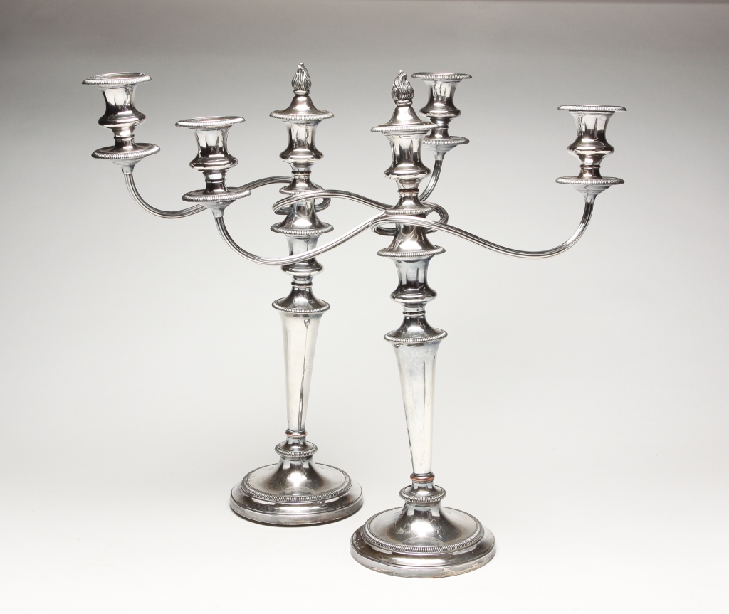 Appraisal: PAIR OF SHEFFIELD SILVERPLATE CANDELABRA Early th century Barker Brothers