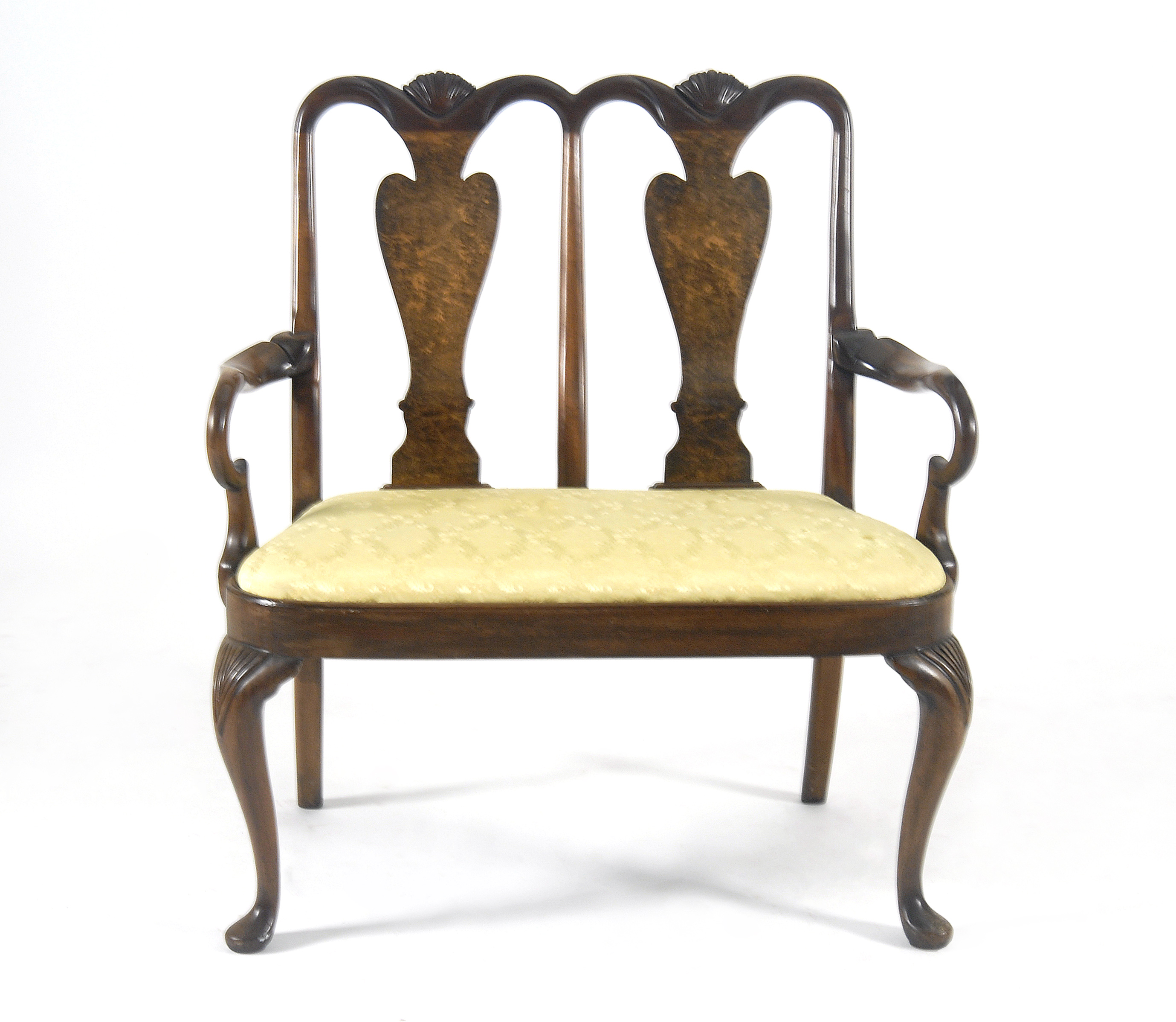 Appraisal: TH CENTURY QUEEN ANNE-STYLE DIMINUTIVE SETTEE in walnut Double yoke