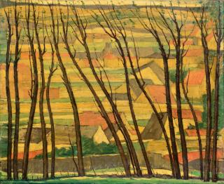 Appraisal: Henri Burkhard oil landscape village through trees Henri Burkhard American