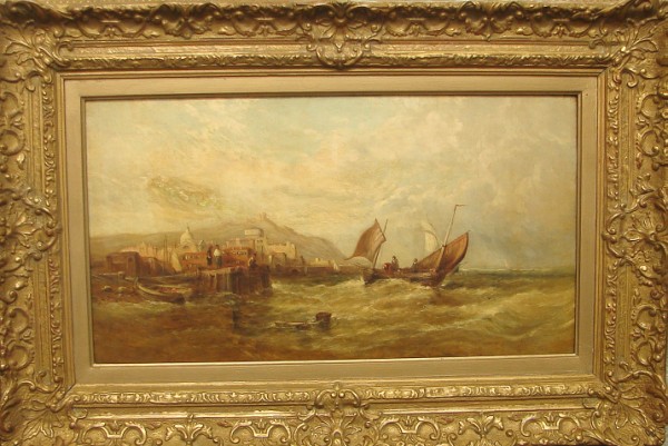 Appraisal: Seascape with boats by dock oil on canvas x inpaint