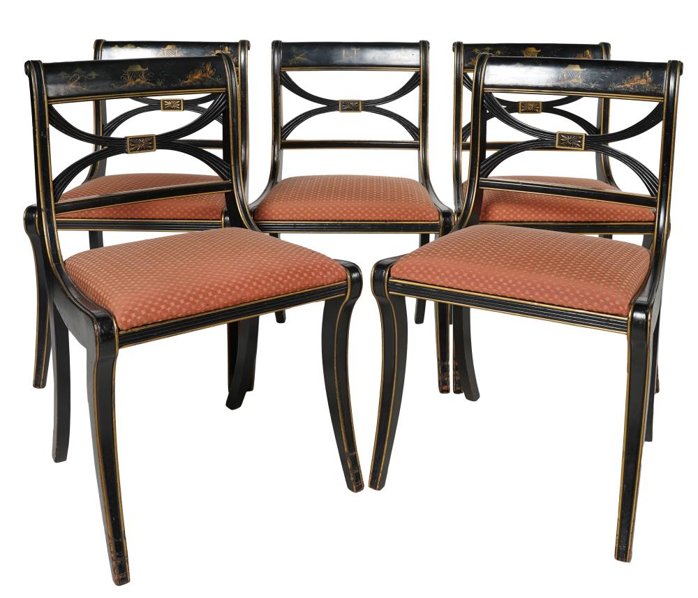 Appraisal: SET OF FIVE REGENCY-STYLE EBONIZED GILT DINING CHAIRSmodern unsigned each