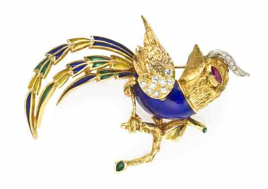 Appraisal: An Karat Yellow Gold Diamond and Polychrome Enamel Bird Brooch