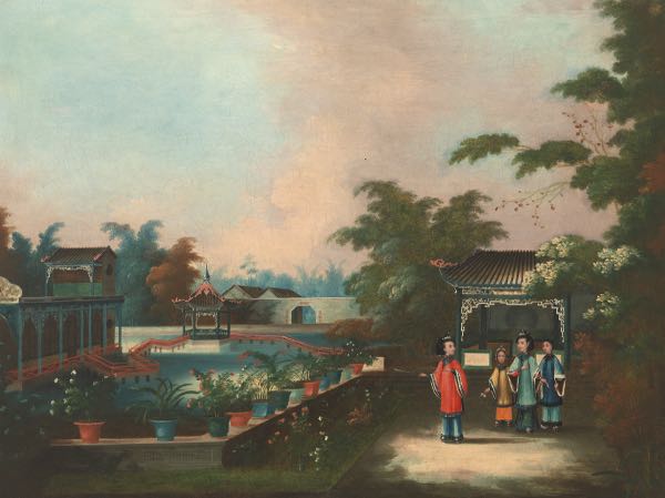 Appraisal: CHINA TRADE PAINTING TH CENTURY x Pavillion with garden and