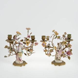 Appraisal: Pair Meisssen style porcelain and bronze candelabra th th c