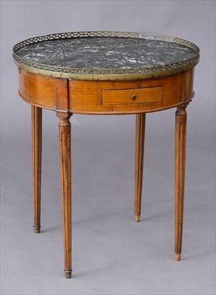 Appraisal: LOUIS XVI WALNUT BOUILLOTTE TABLE The circular marble top with